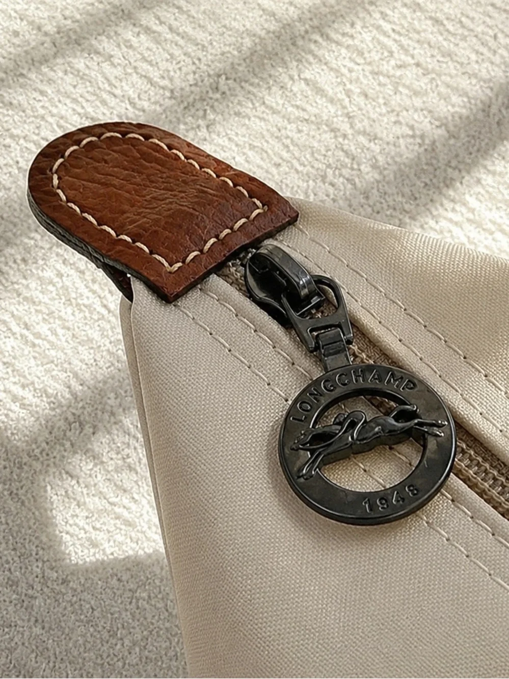 Longchamp Beige Tote with Brown Leather Trim
